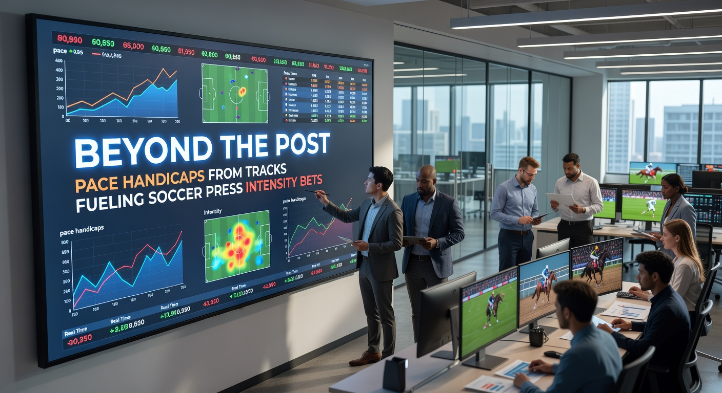Split-screen visualization of a horse race pace projection next to a soccer match timeline tracking press intensity drops and late-game surges