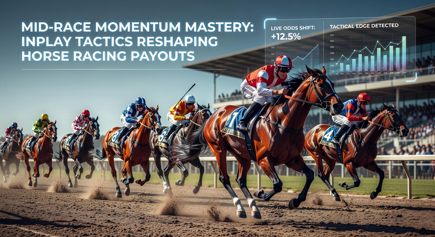 Close-up of jockeys battling mid-race, with horses neck-and-neck illustrating momentum battle and tactical positioning