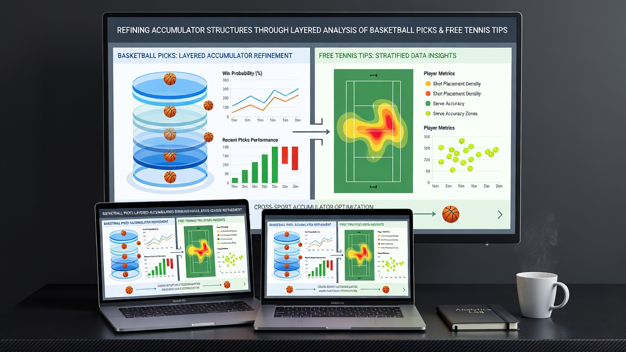 Side-by-side comparison charts of basketball efficiency metrics and tennis surface performance data used in accumulator layering