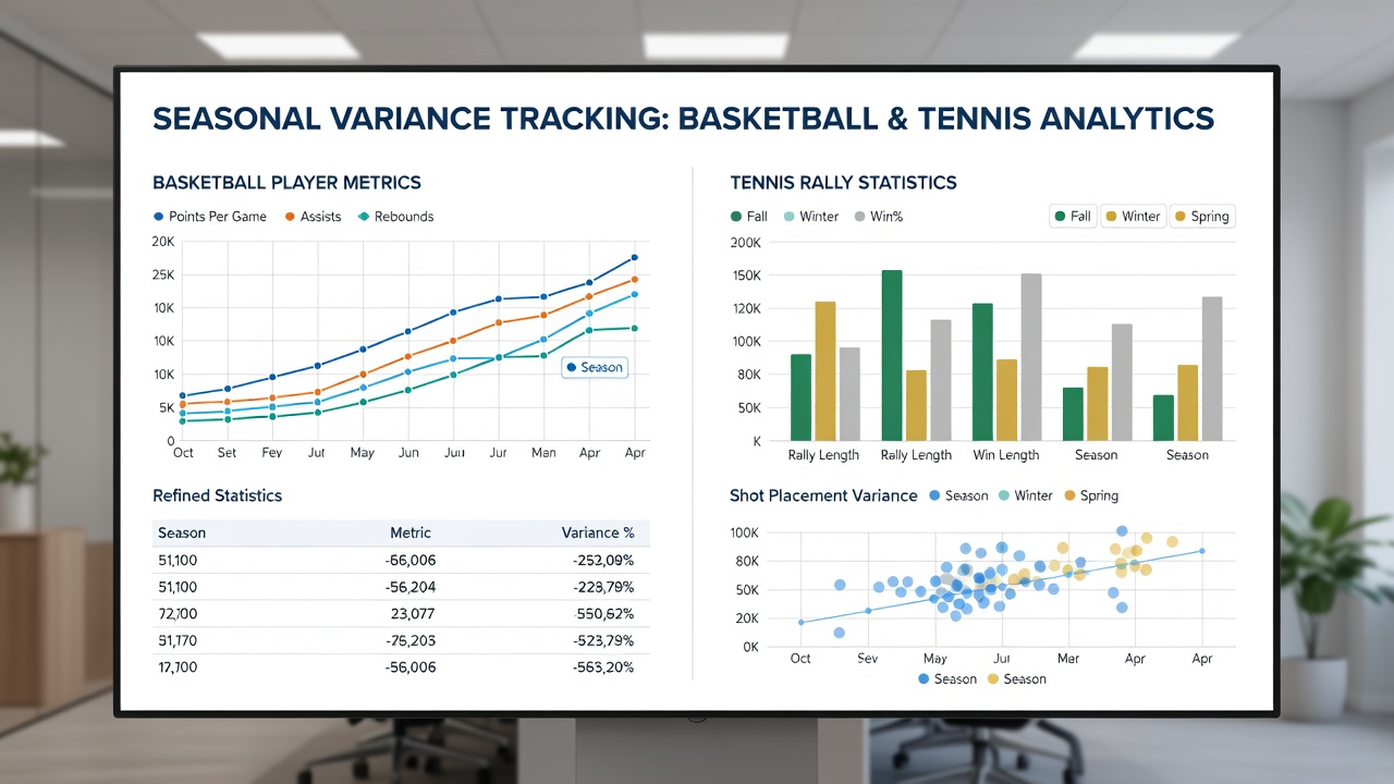 Charts displaying monthly rally length averages in professional tennis tournaments correlated with basketball player efficiency ratings over multiple seasons